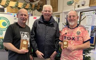 From left, John Baker, Martin Braybrook and Henri Paul at the Cromer Squash Club veterans' tournament