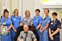 Maurice Gray with some of  the  team in the Weybourne Unit during his first  set of chemotherapy treatments in 2018.