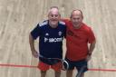 Henri Paul, left, and John Baker, after their match at Cromer Squash Club