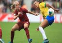 England's Beth Mead (left) and Brazil's Feitoza Kathellen during the International Friendly match at the Riverside Stadium, Middlesbrough. PA Photo. Picture date: Saturday October 5, 2019. See PA story SOCCER England Women. Photo credit should read: Owen