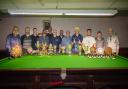 Competition winners and trophies at the final of the Alby and district Billiards and Snooker League