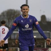 Connor Parsons celebrates scoring for Lowestoft against Lewes in October 2020