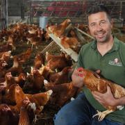 Jeremy Buxton with his 200 egg-laying Goldline hens, which will play their part in his regenerative agriculture plans for Eves Hill Farm at Booton
