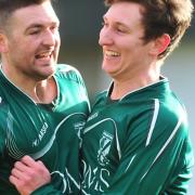 Christy Finch, right, celebrates finding the net during his Gorleston days. Picture: NICK BUTCHER