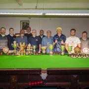 Competition winners and trophies at the final of the Alby and district Billiards and Snooker League