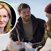 The Running Grave, JK Rowling's (inset) next novel, features Cromer Pier on its cover. Pictured is Tom Burke and Holliday Grainger, who play the main characters, Cormoran Strike and Robin Ellacott, in the TV adaptions of the books.