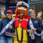 From left, Jane Davies, Stormy Stan ( the RNLI Mascot) and Sheila  Holford at Sheringham RNLI's annual flag day