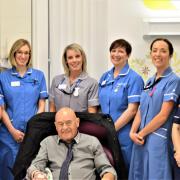Maurice Gray with some of  the  team in the Weybourne Unit during his first  set of chemotherapy treatments in 2018.