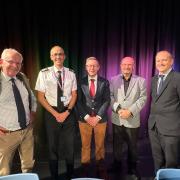 From left to right: Giles Orpen-Smillie, Norfolk Police and Crime Commissioner; Paul Sandford, Chief Constable of Norfolk Constabulary; Duncan Baker, North Norfolk MP; Graham Plant and Grahame Bygrave, Norfolk County Council