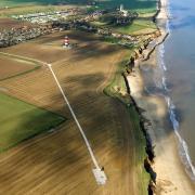An aerial pictures show works as part of the Vattenfall Offshore Wind Zone project at Happisburgh