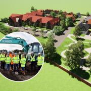 An image showing how the site will look once complete, with the care home to the left, the Flagship Homes houses behind and to the right, and open green space on the right